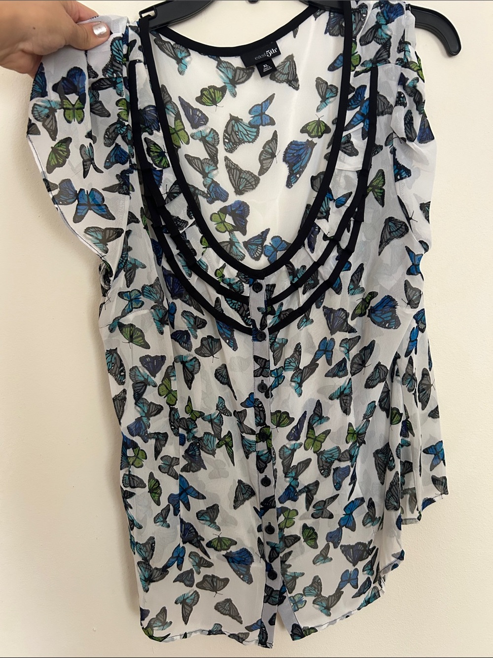 Worthington Sheer Butterfly Print Blouse in White with Blue and Green